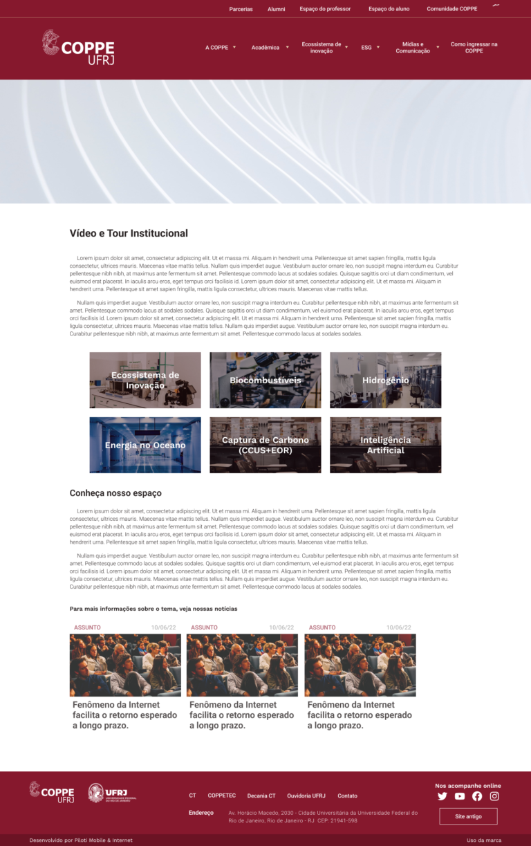 Página de vídeo e tour institucional